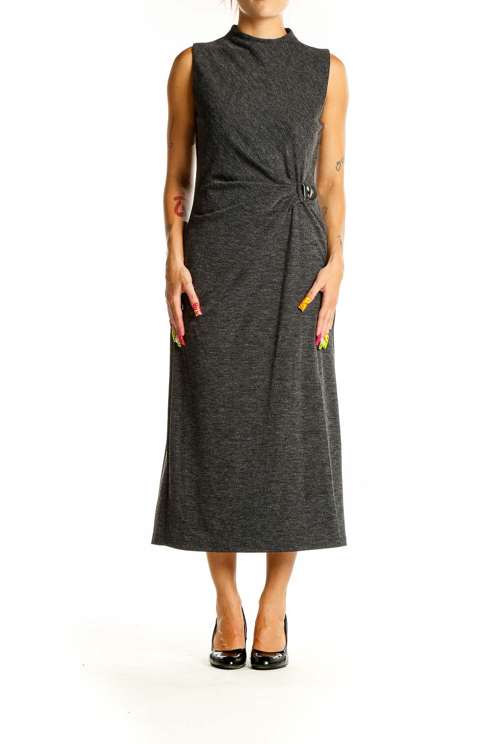 Front view of Lauren Ralph Lauren charcoal sleeveless midi dress with gathered waist