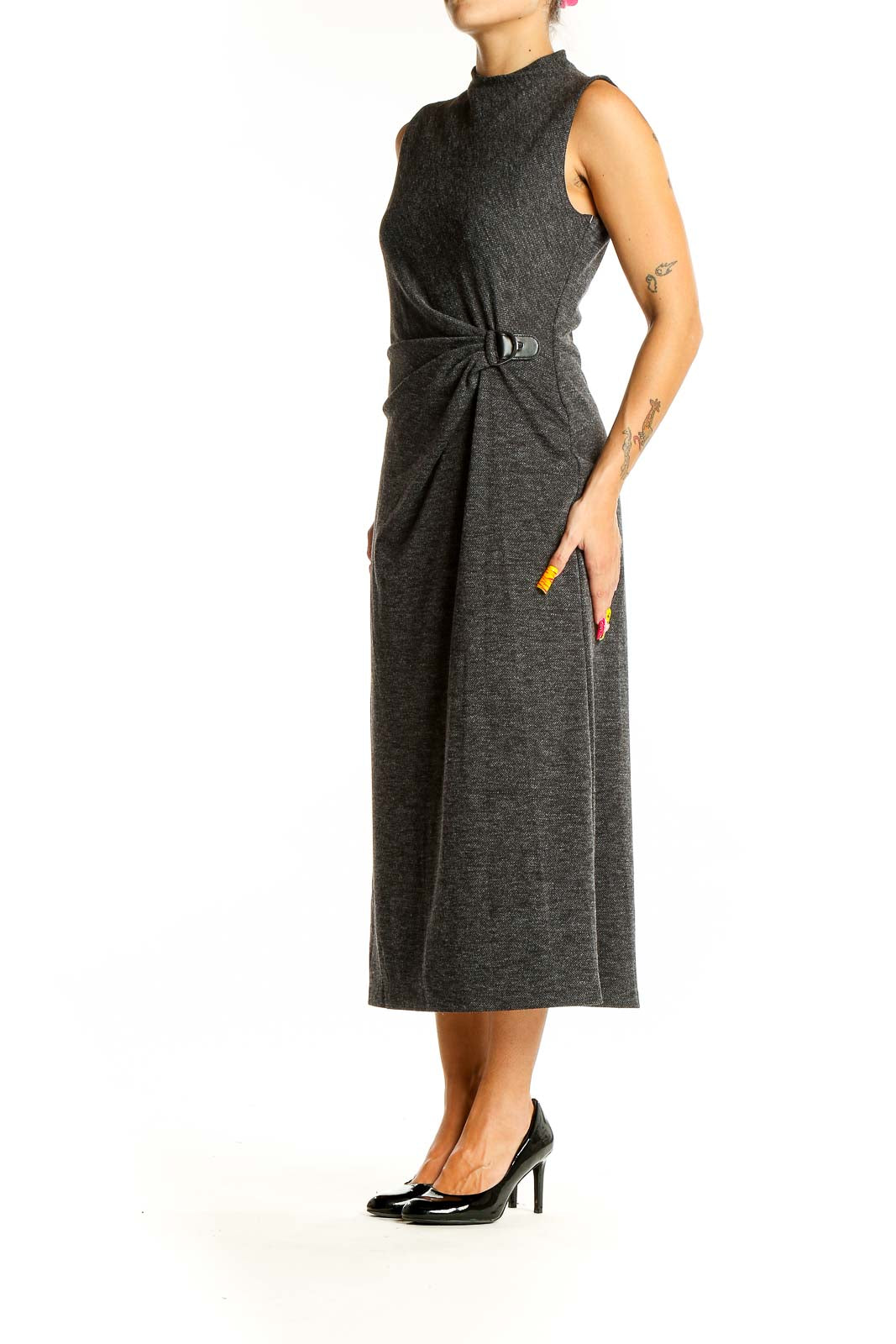 Front view of Lauren Ralph Lauren charcoal sleeveless midi dress with gathered waist