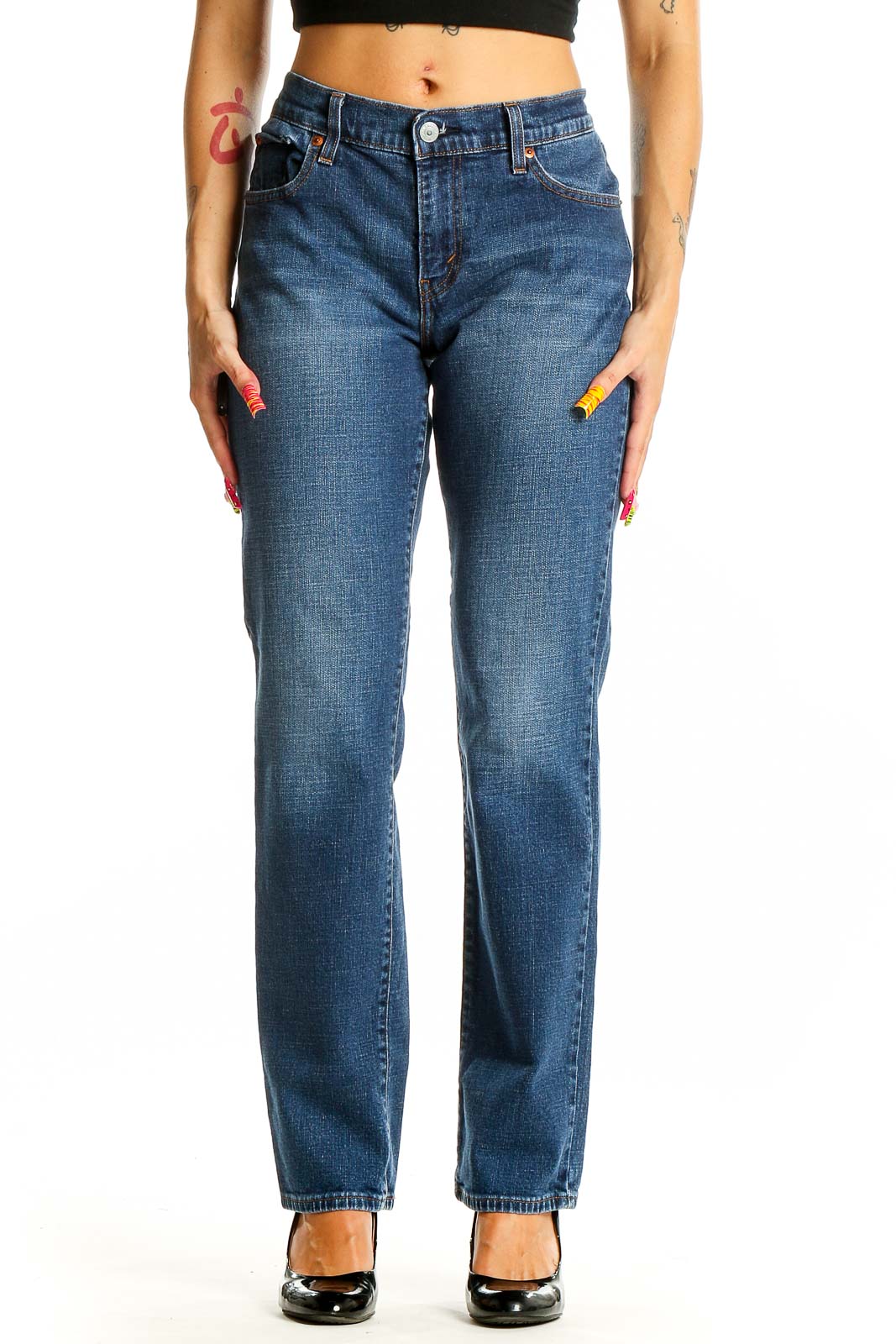 Front view of Levi's medium blue straight leg jeans on model