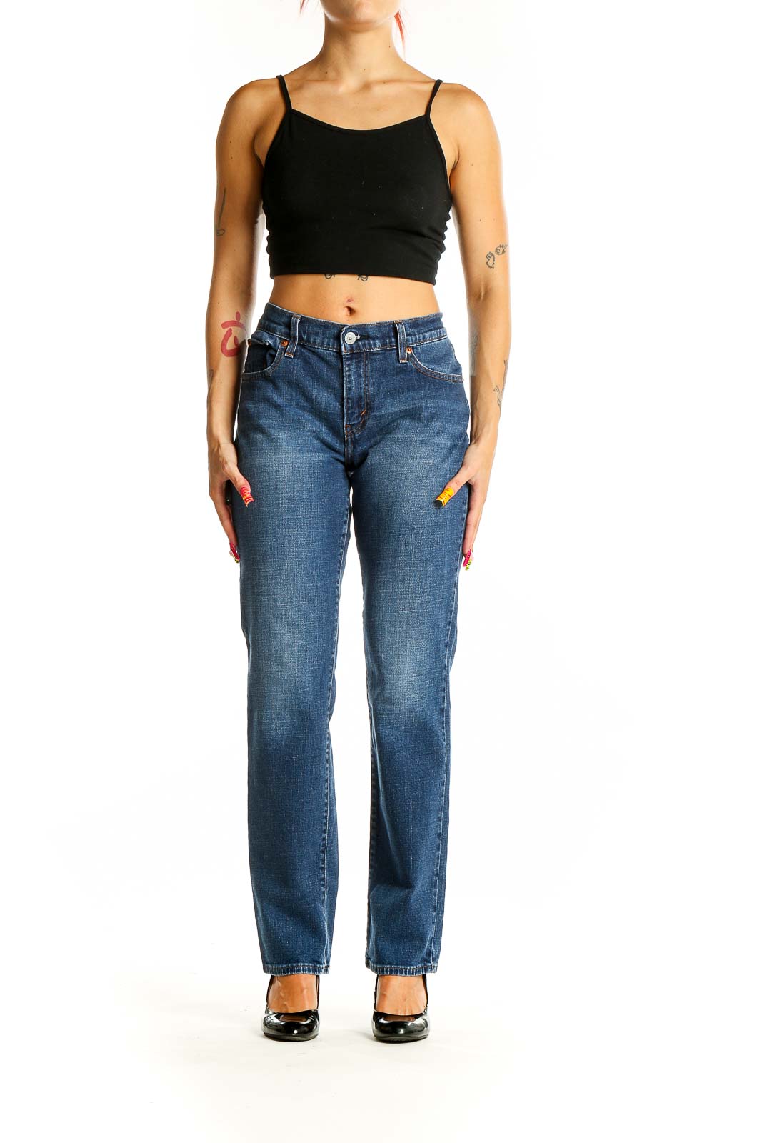 Front view of Levi's medium blue straight leg jeans on model