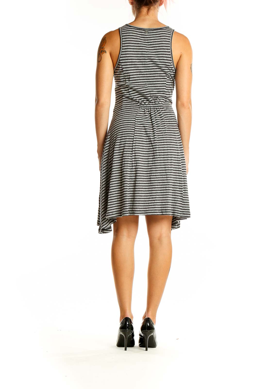 Back view of Roxy gray and black striped sleeveless flared dress with gathered waist