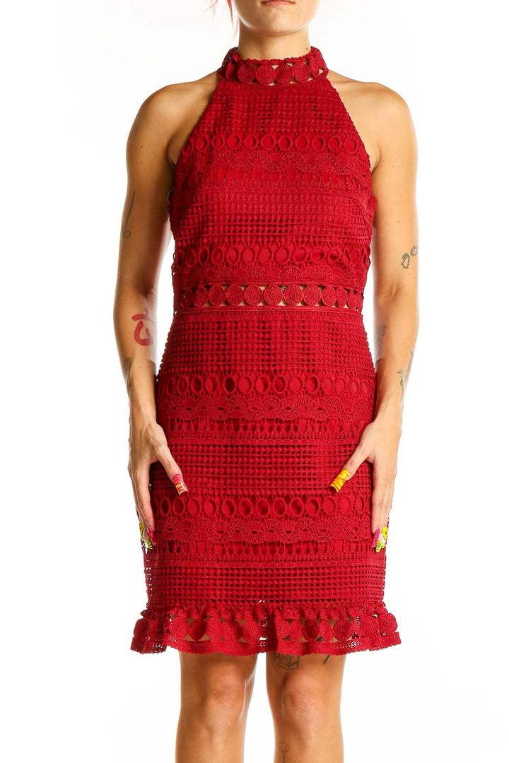 Front view of red crochet lace halter neck dress from Twosisters The Label