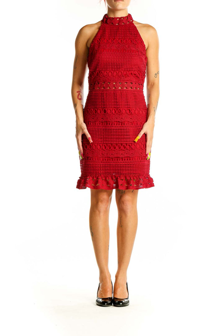 Front view of red crochet lace halter neck dress from Twosisters The Label