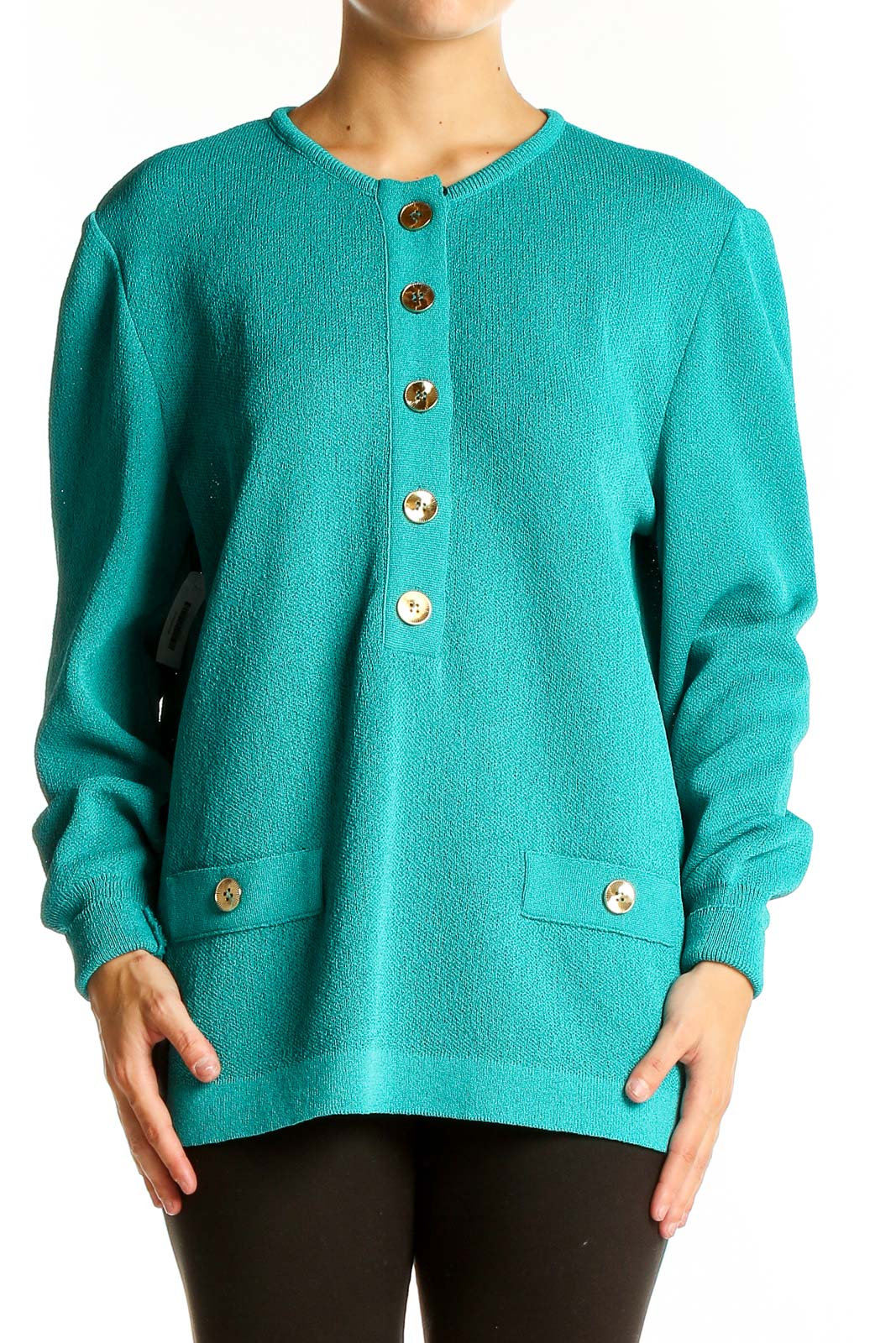 Front view of teal Castleberry button-front knit sweater