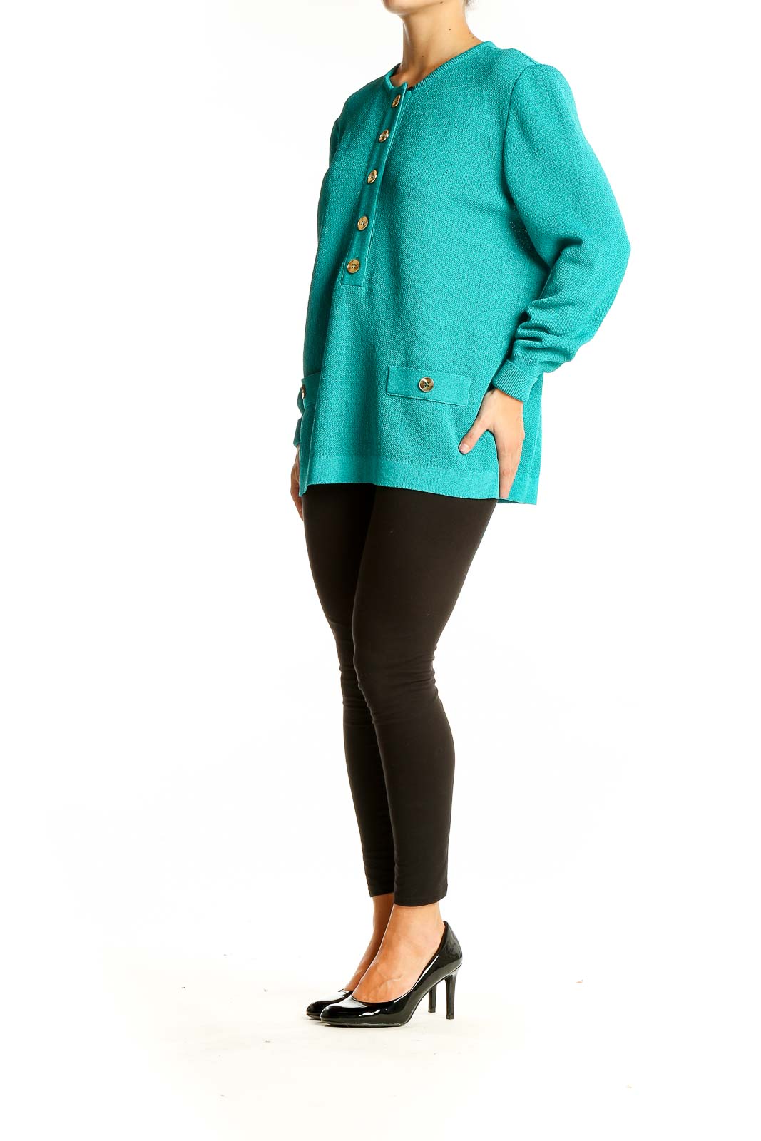 Front view of teal Castleberry button-front knit sweater