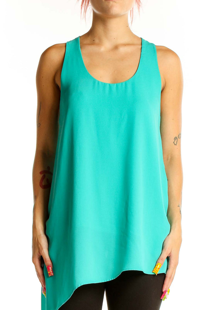 Front view of teal asymmetrical tank top from The Limited