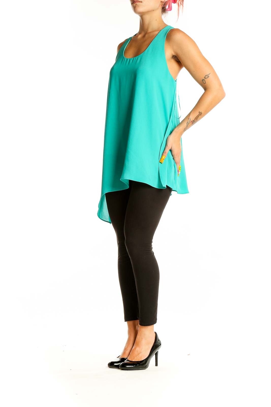 Front view of teal asymmetrical tank top from The Limited