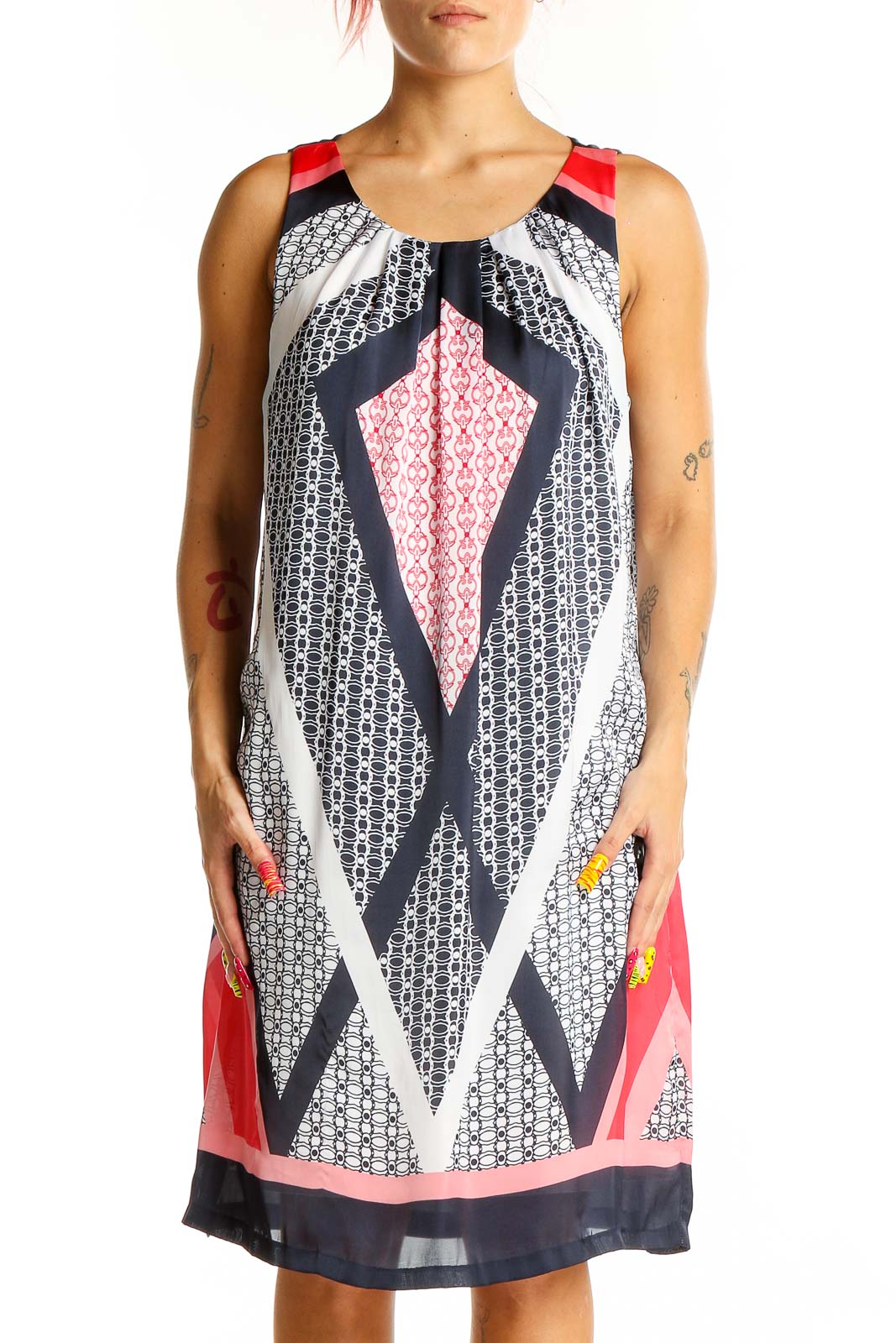 Front view of Dana Buchman sleeveless dress with navy, red, and white geometric print