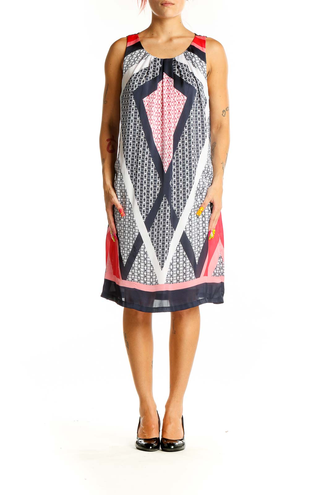 Front view of Dana Buchman sleeveless dress with navy, red, and white geometric print