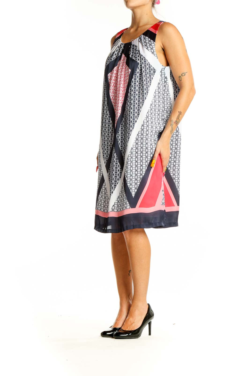 Front view of Dana Buchman sleeveless dress with navy, red, and white geometric print