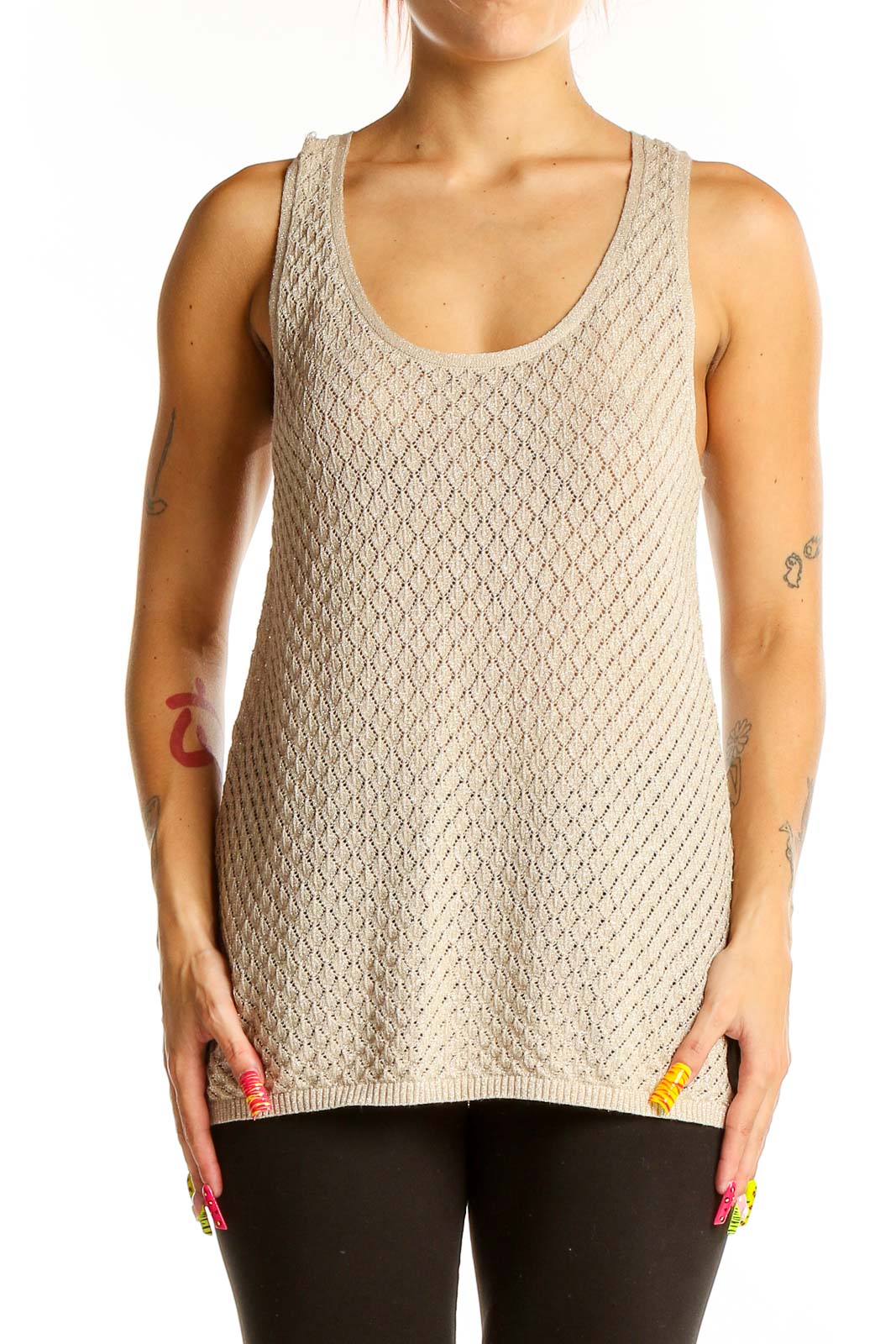 Front view of beige textured sleeveless Fossil tank top