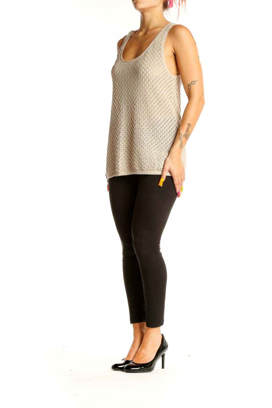 Front view of beige textured sleeveless Fossil tank top