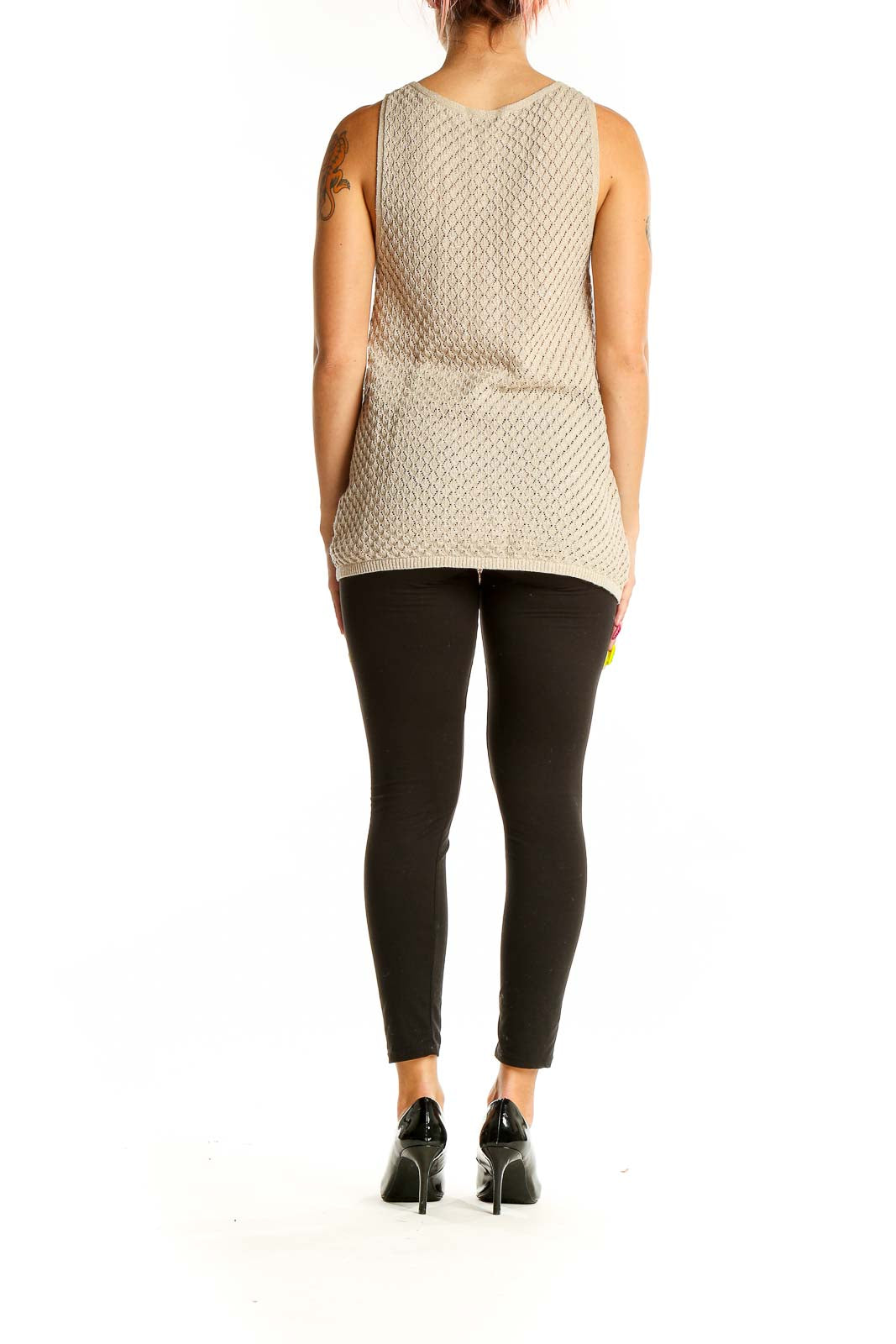 Back view of beige textured sleeveless Fossil tank top