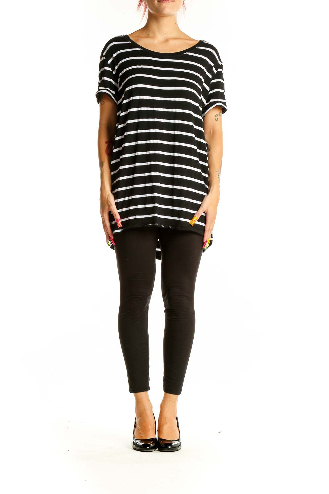 Front view of Black and White Striped Oversized Top from Fervour