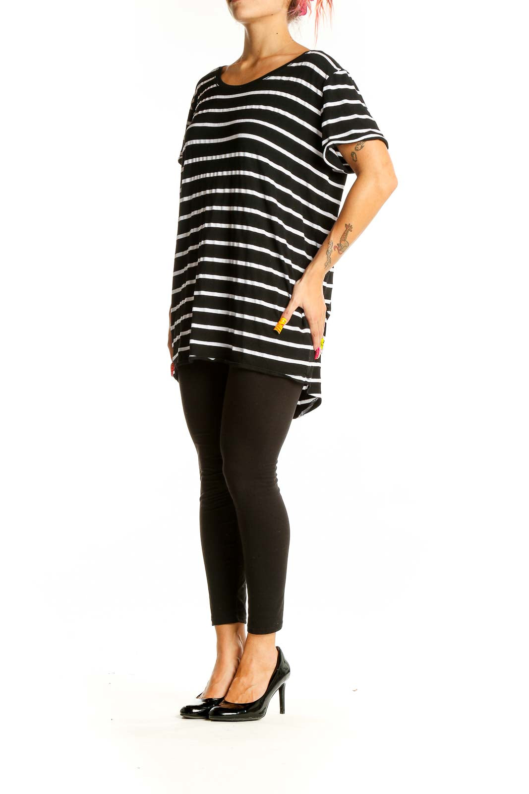 Front view of Black and White Striped Oversized Top from Fervour