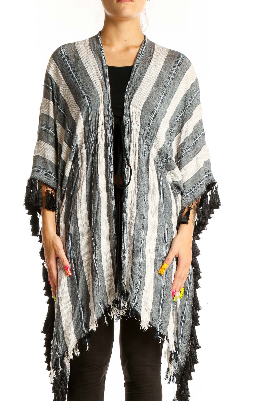 Front view of BCBG MaxAzria Gray and White Striped Fringed Kimono with colorful tassels