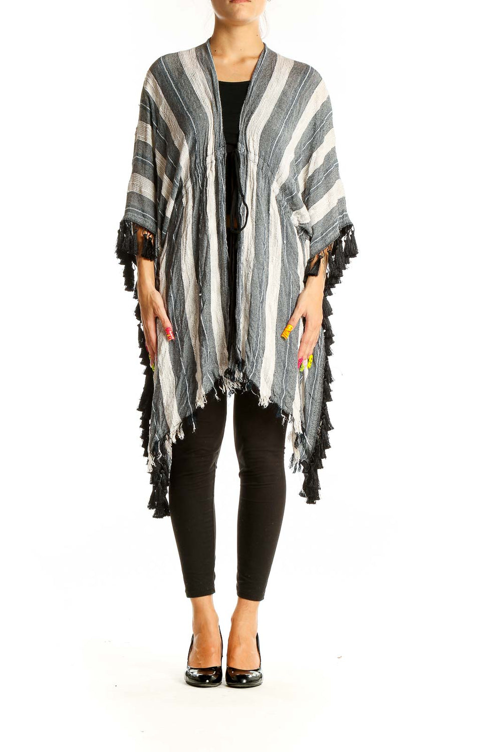 Front view of BCBG MaxAzria Gray and White Striped Fringed Kimono with colorful tassels