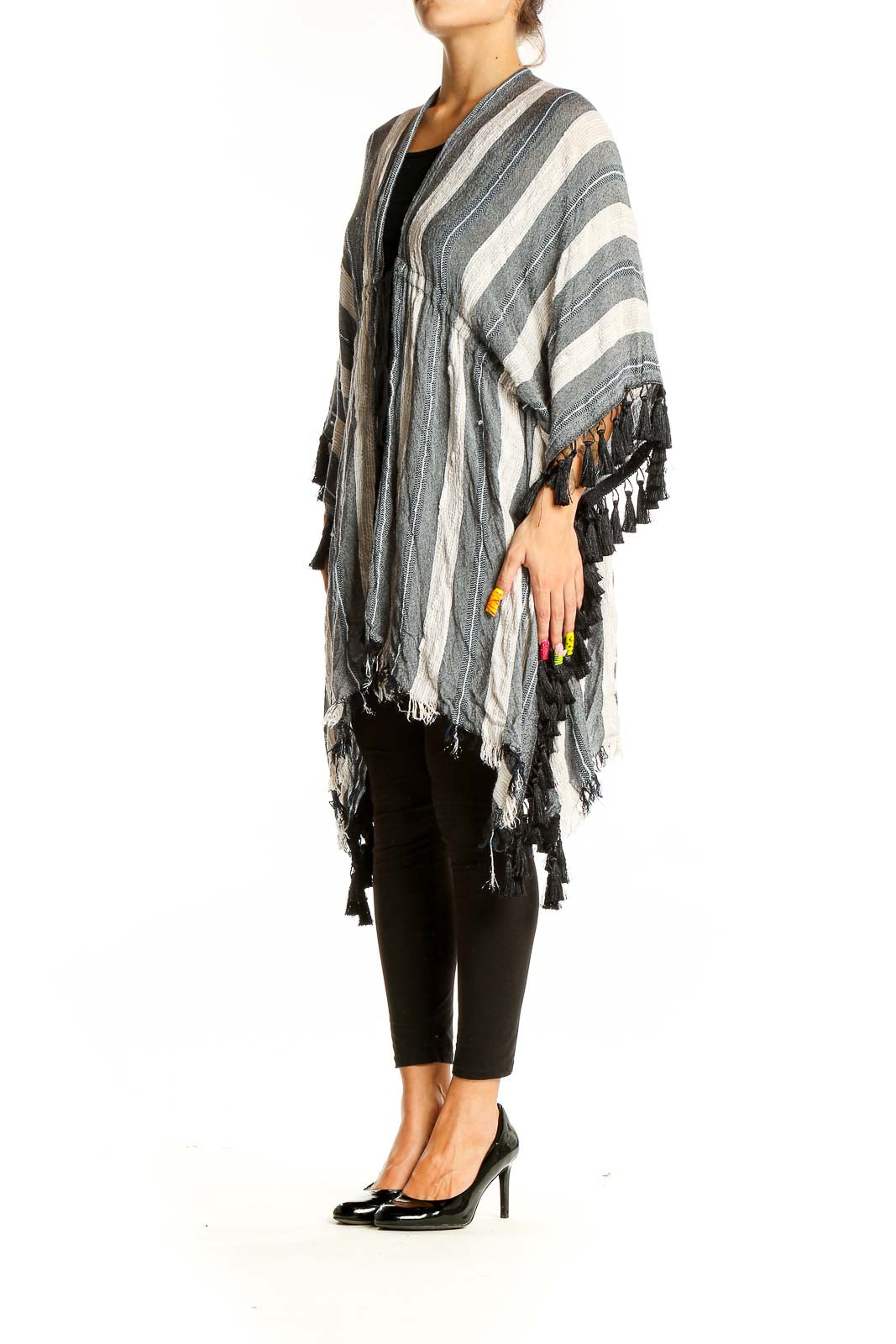 Front view of BCBG MaxAzria Gray and White Striped Fringed Kimono with colorful tassels