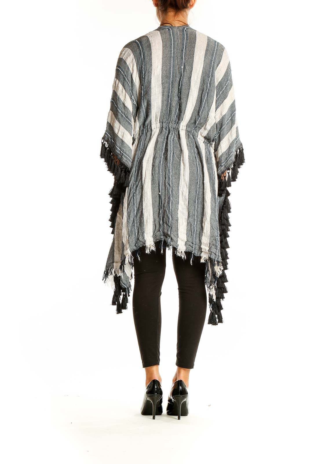 Back view of BCBG MaxAzria Gray and White Striped Fringed Kimono showing cinched waist