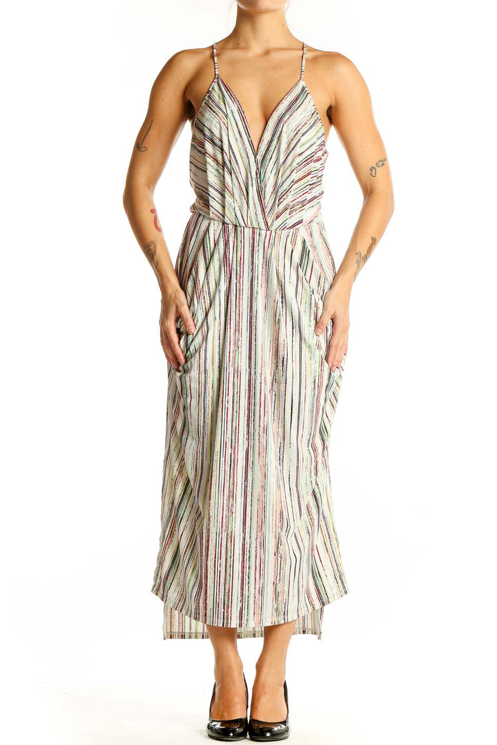 Front view of BCBGeneration multicolor striped midi dress with V-neck and spaghetti straps