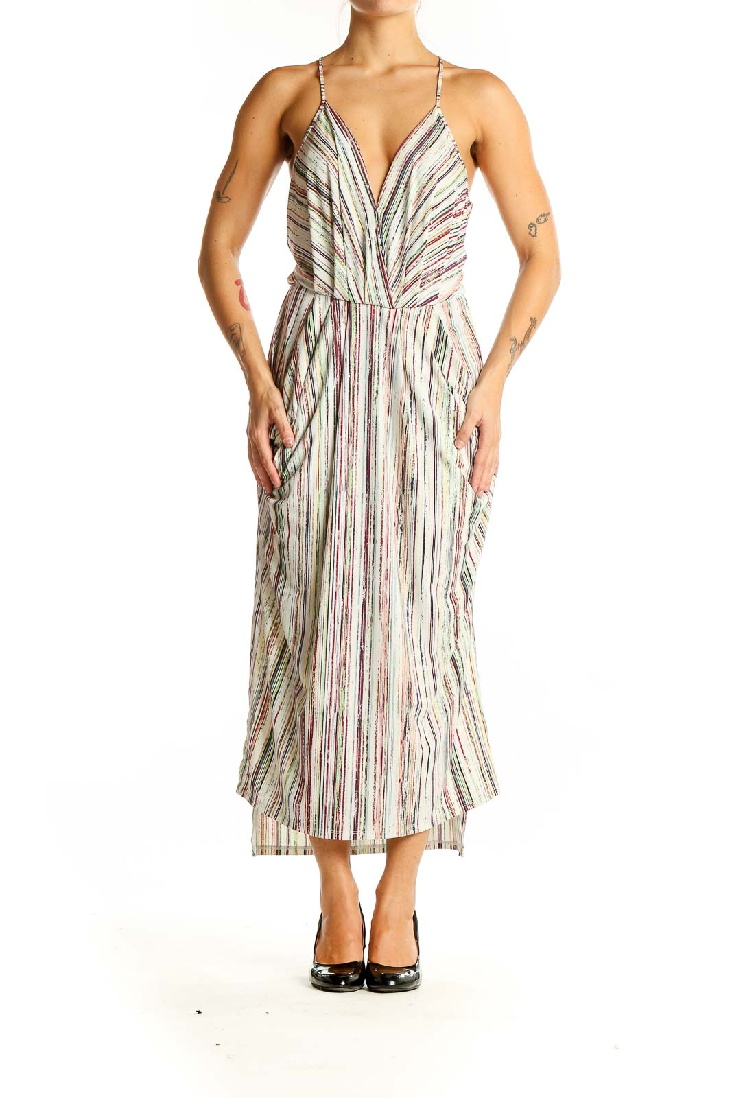 Front view of BCBGeneration multicolor striped midi dress with V-neck and spaghetti straps