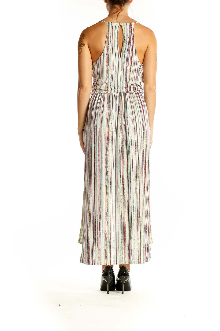 Back view of BCBGeneration multicolor striped midi dress showing keyhole detail