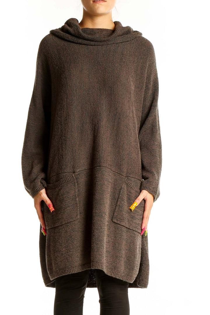 Front view of brown oversized hooded knit sweater from Soft Surroundings