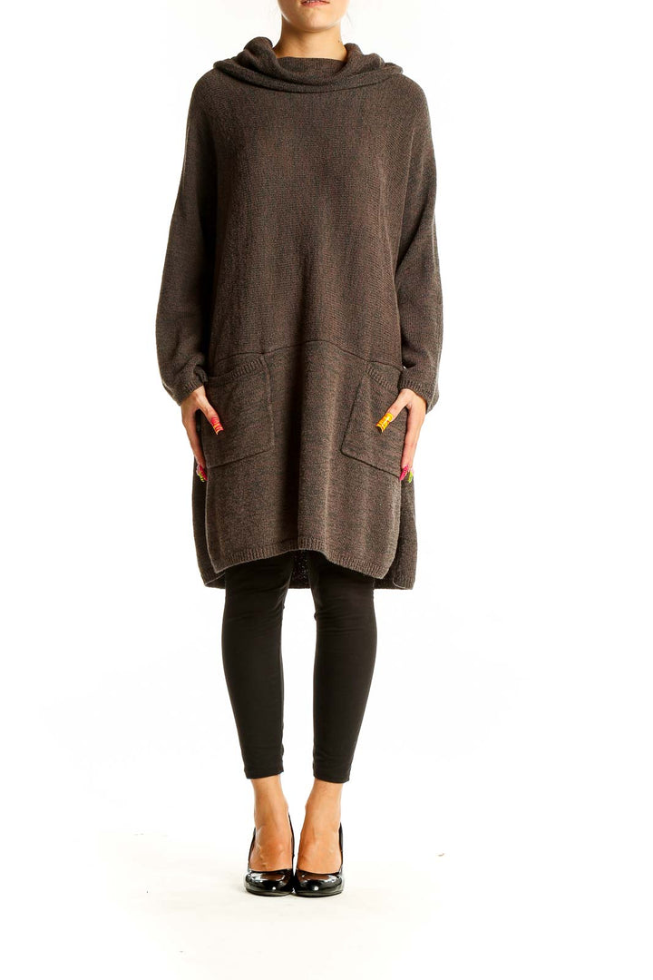 Front view of brown oversized hooded knit sweater from Soft Surroundings