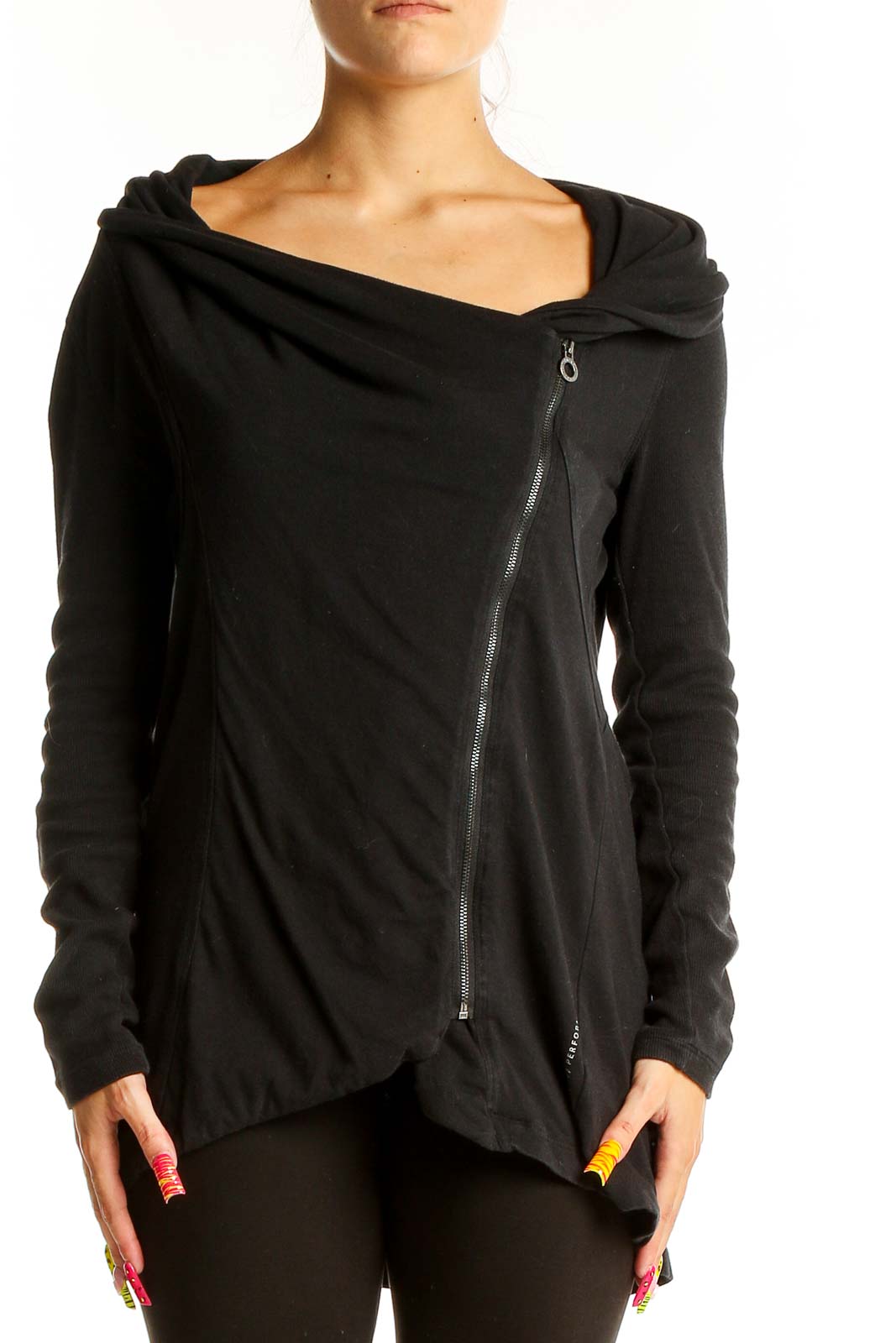 Front view of black asymmetric zip-up athletic jacket by Calvin Klein Performance