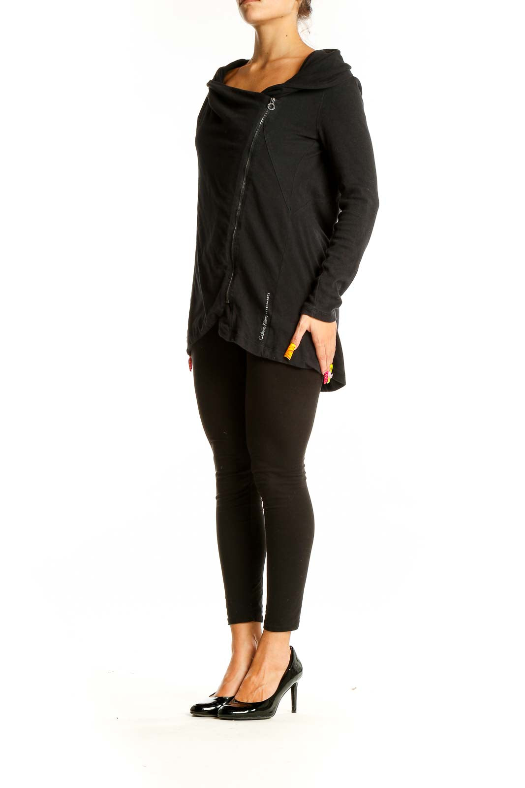 Front view of black asymmetric zip-up athletic jacket by Calvin Klein Performance