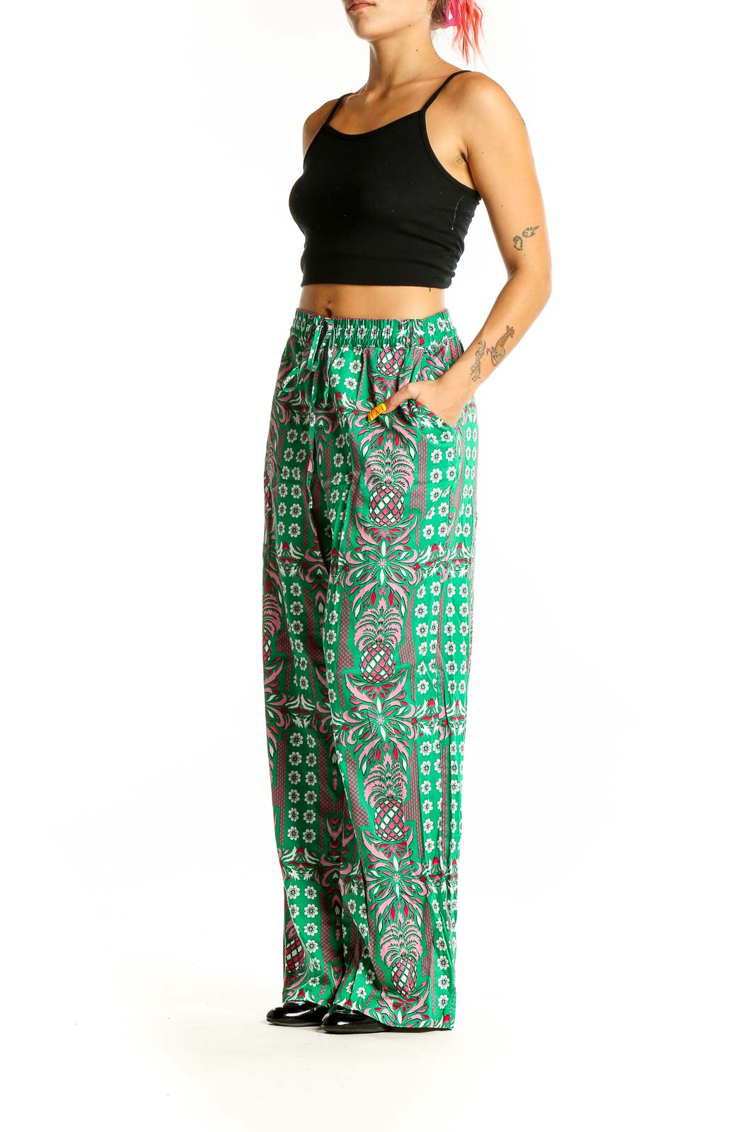 Green Wide Leg Print Pants