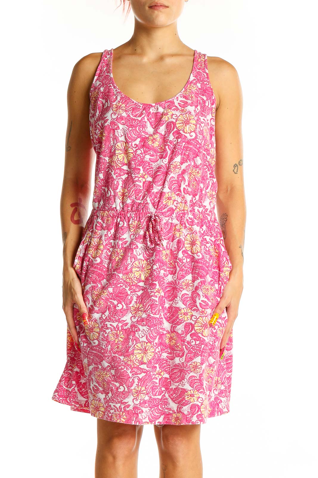 Front view of Lilly Pulitzer pink floral sundress with scoop neckline