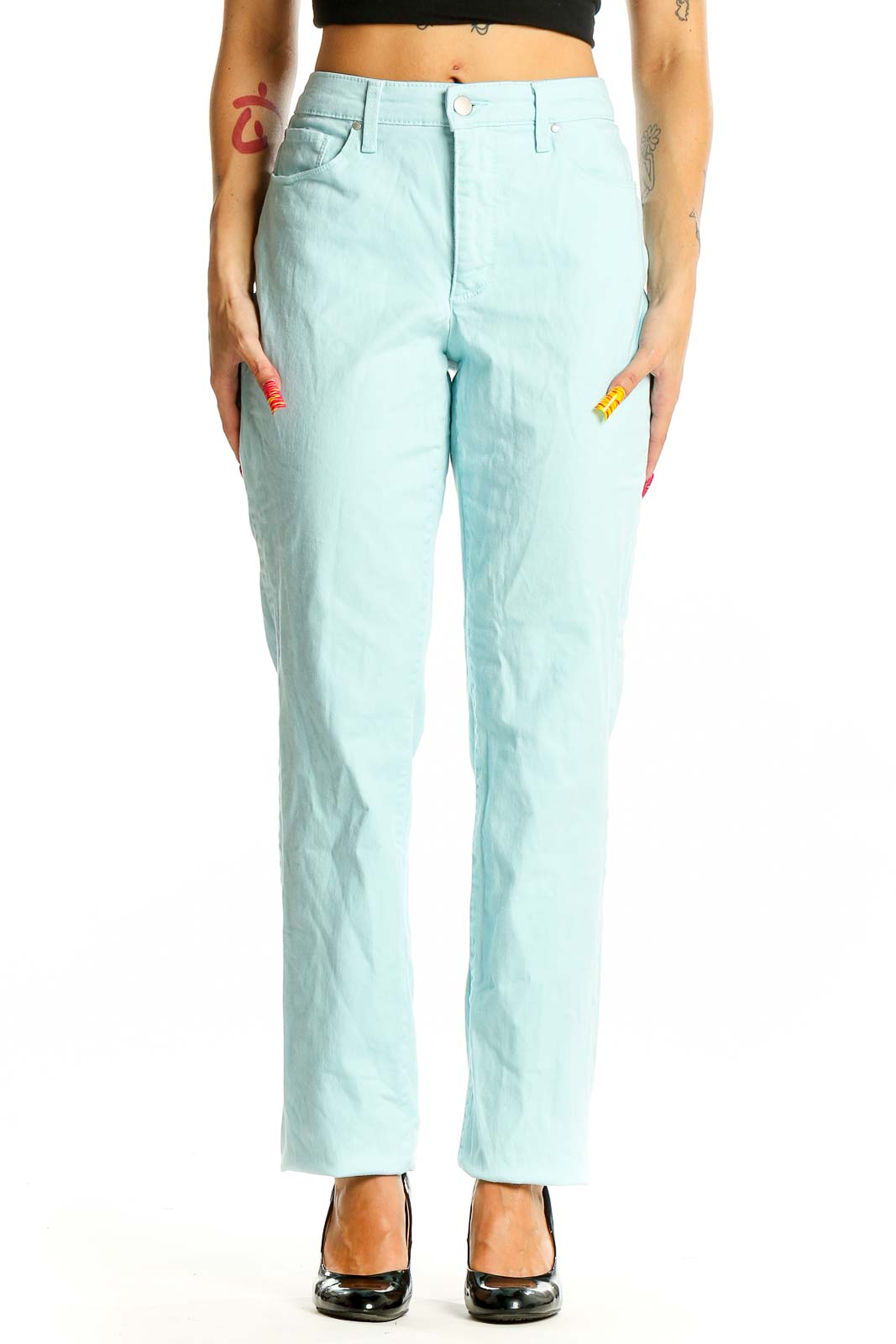 Front view of Charter Club mint green straight leg pants