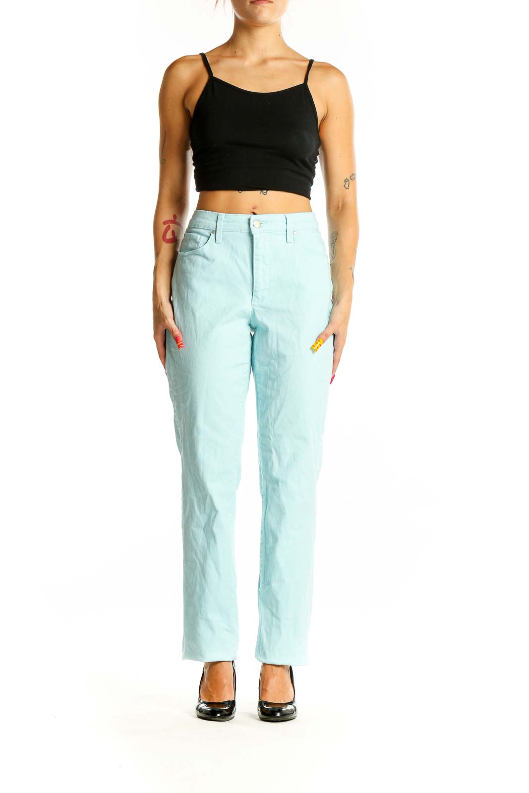 Front view of Charter Club mint green straight leg pants