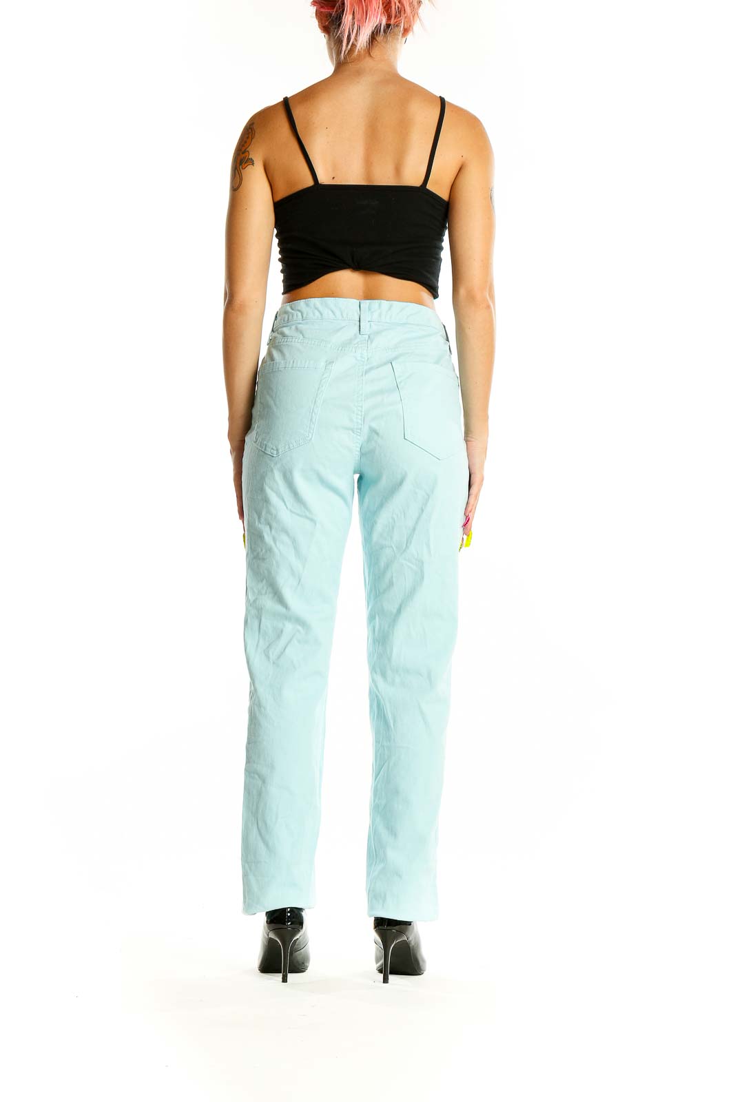 Back view of Charter Club mint green straight leg pants on model