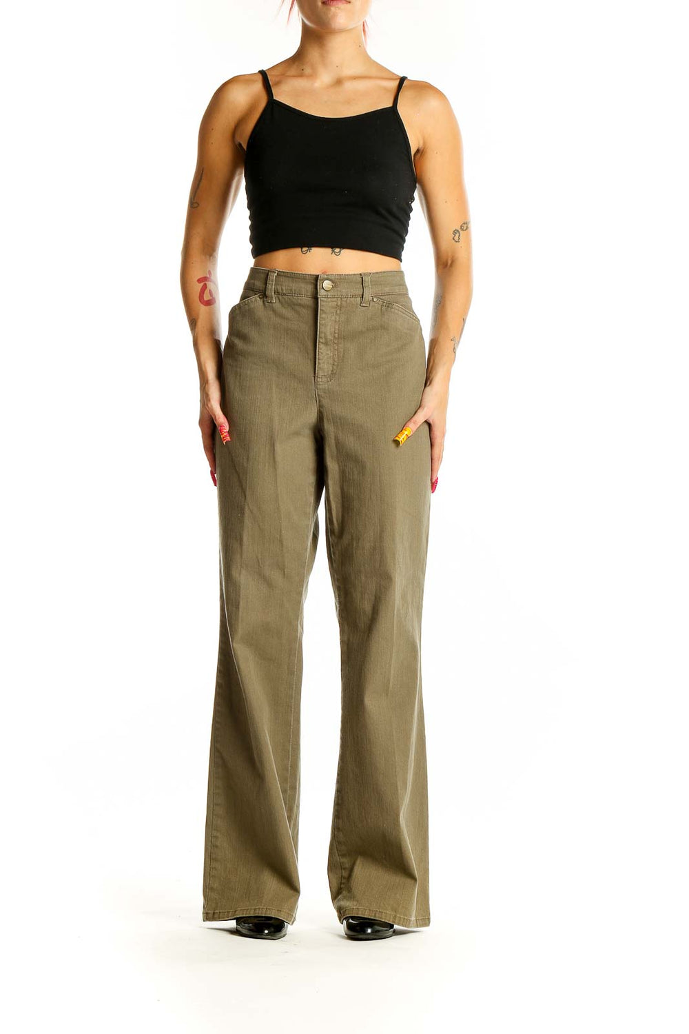 Front view of olive wide-leg trousers from JNY Jones New York Signature