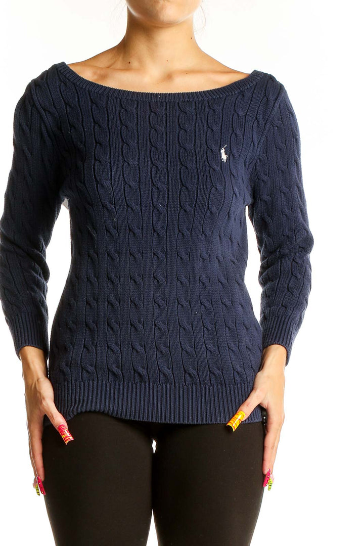 Front view of Ralph Lauren Sport navy cable knit sweater on model