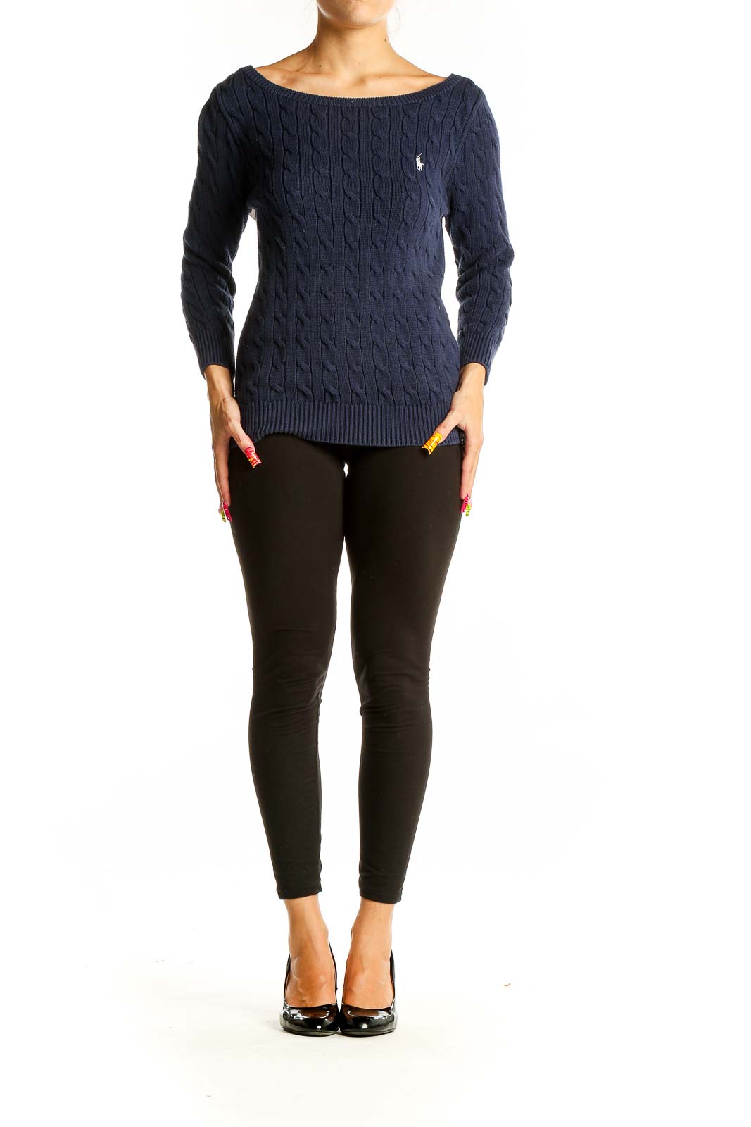 Front view of Ralph Lauren Sport navy cable knit sweater on model