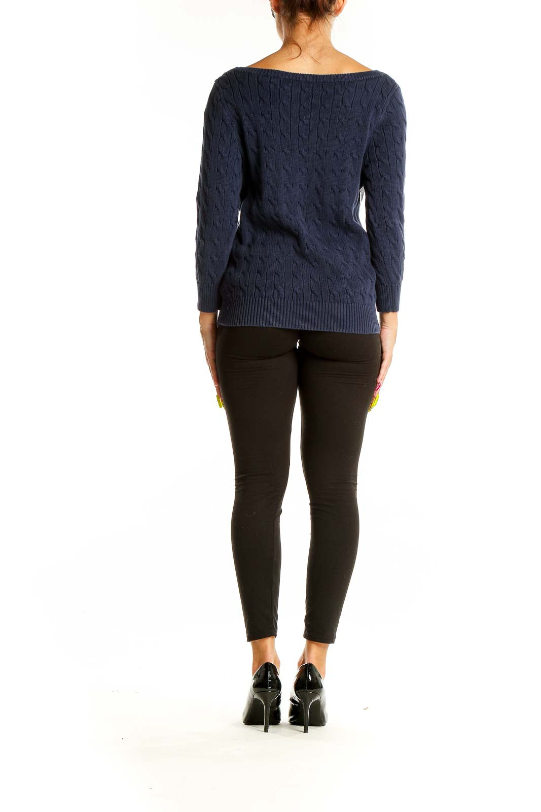 Back view of Ralph Lauren Sport navy cable knit sweater on model