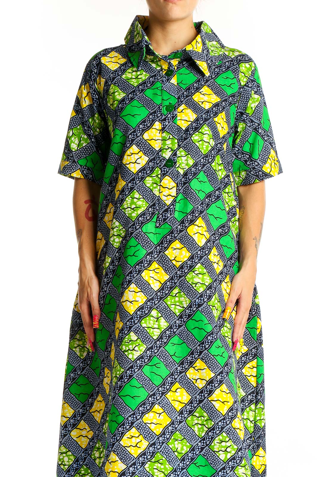 Front view of SilkRoll geometric print shirt dress in green, yellow, and navy