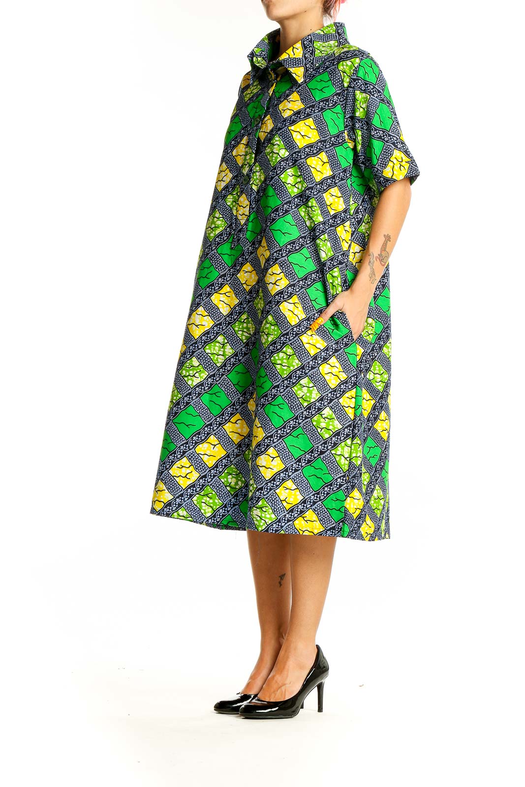 Front view of SilkRoll geometric print shirt dress in green, yellow, and navy