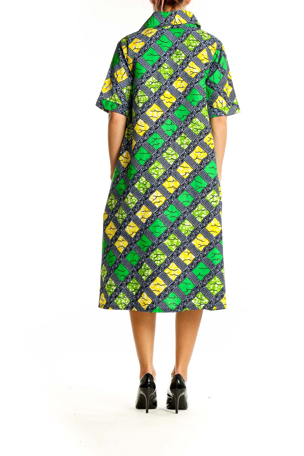 Back view of SilkRoll geometric print shirt dress showing full pattern