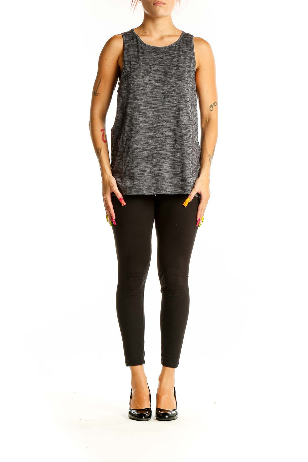 Front view of gray Lululemon athletic tank top with scoop neckline