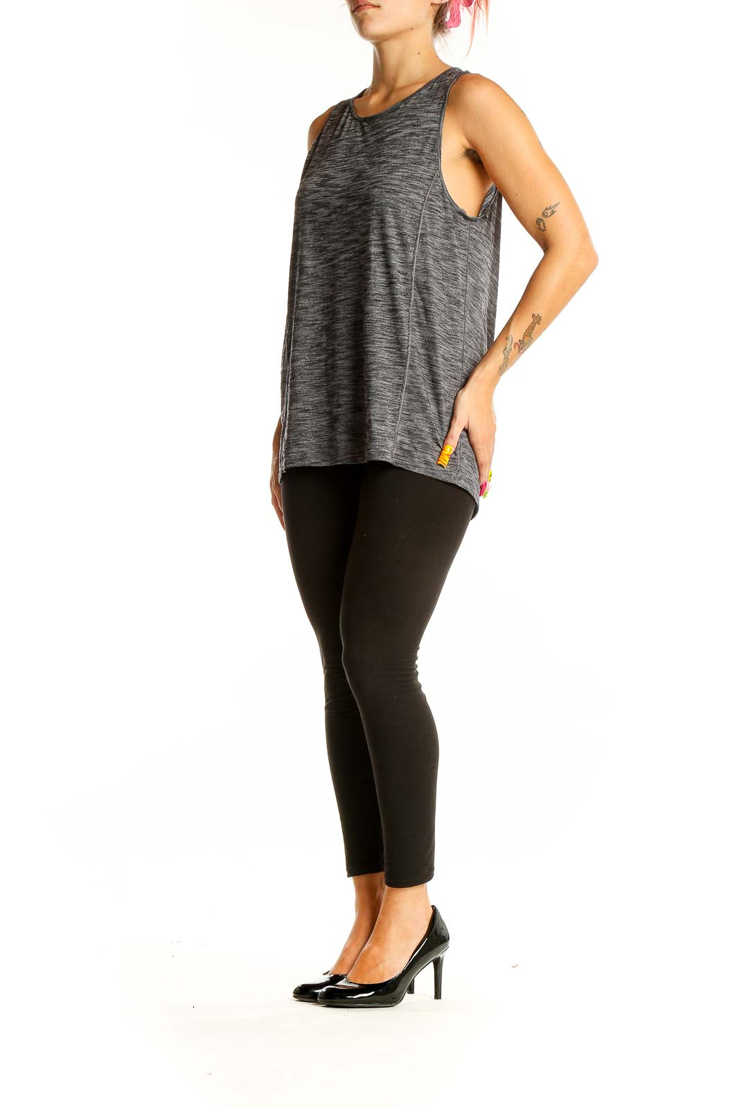 Front view of gray Lululemon athletic tank top with scoop neckline