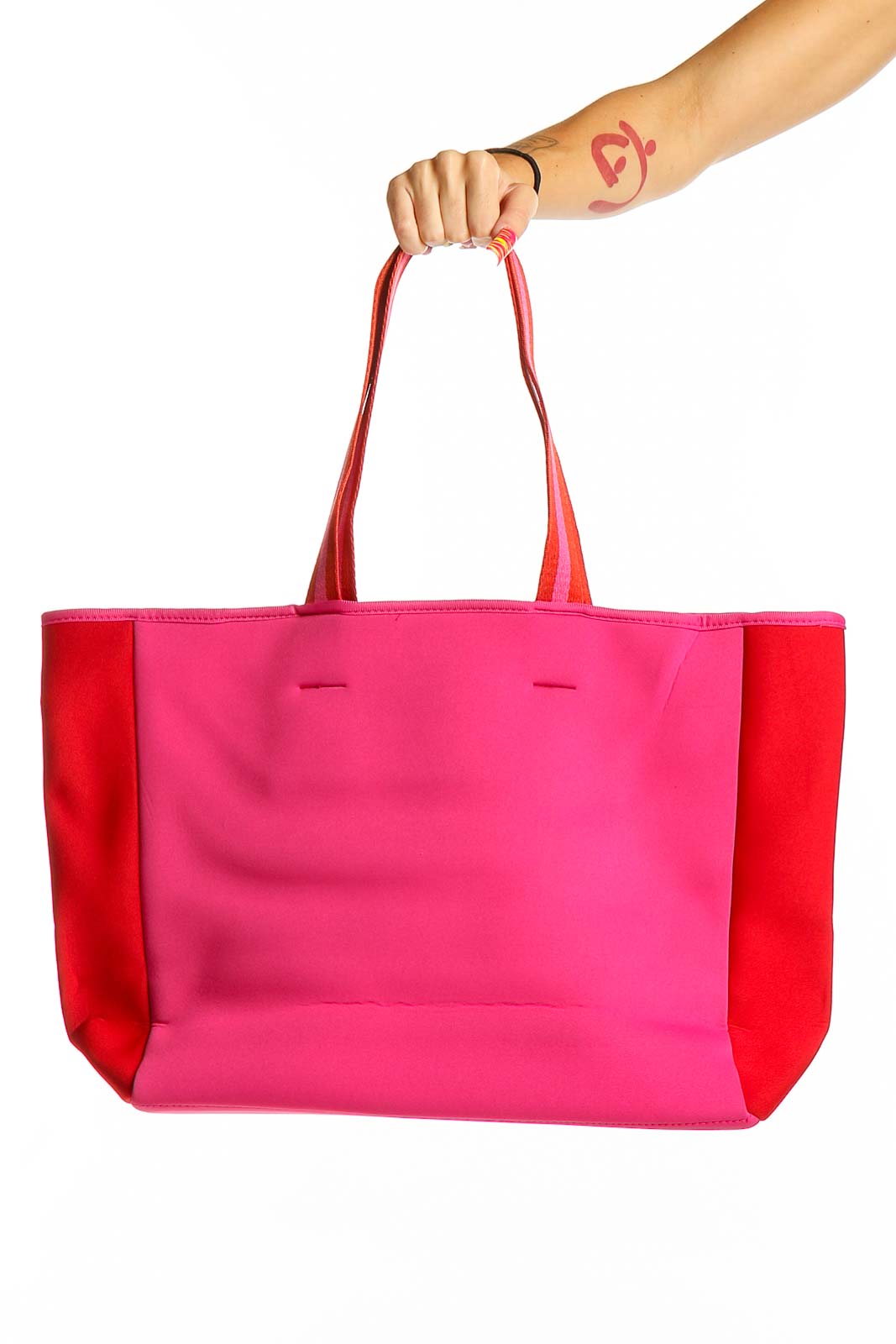 Front view of SUMMERSALT Pink and Red Color-Block Tote Bag