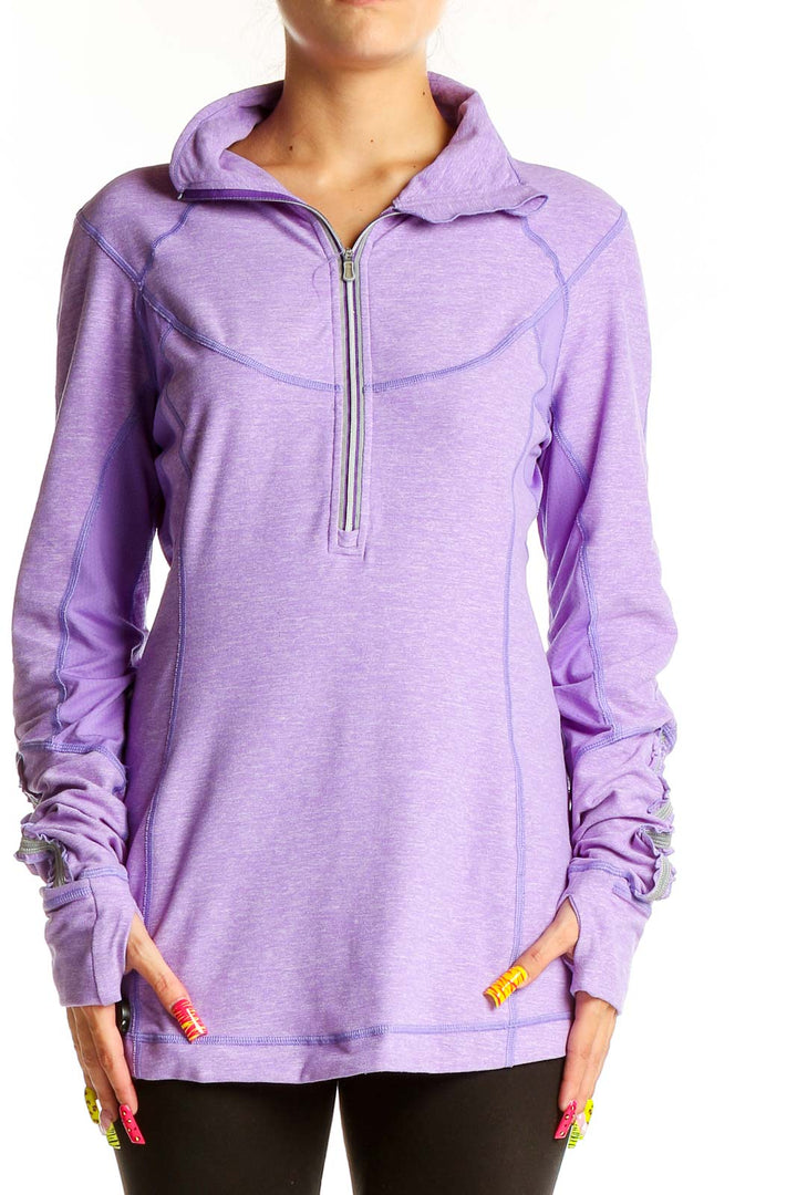 Front view of purple Lululemon half-zip athletic top