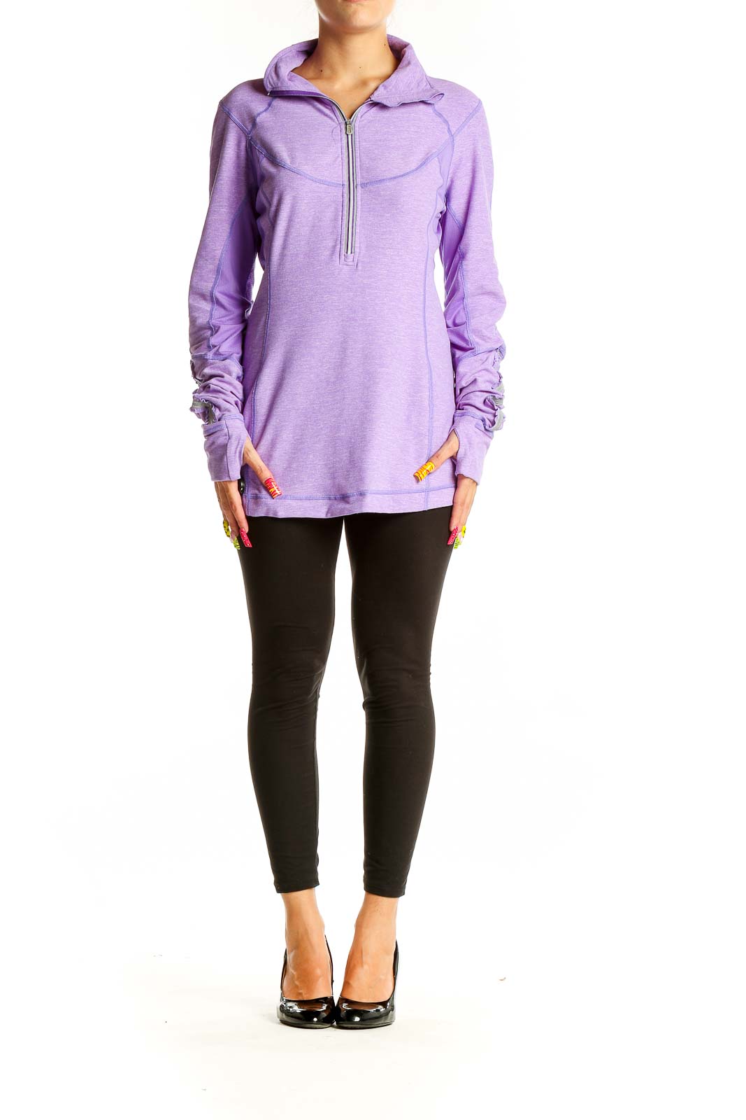 Front view of purple Lululemon half-zip athletic top