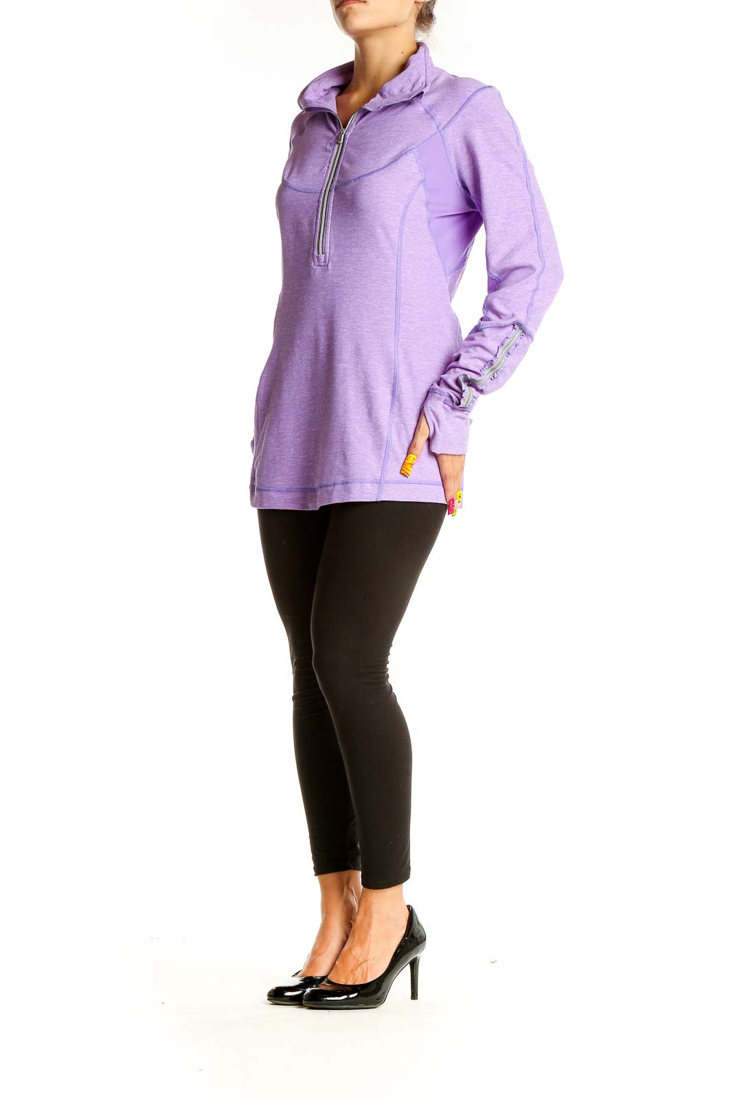 Front view of purple Lululemon half-zip athletic top