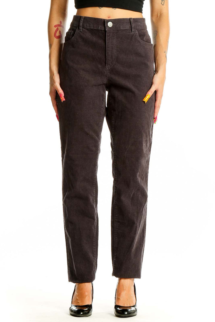 Front view of Ann Taylor LOFT brown corduroy straight-leg pants