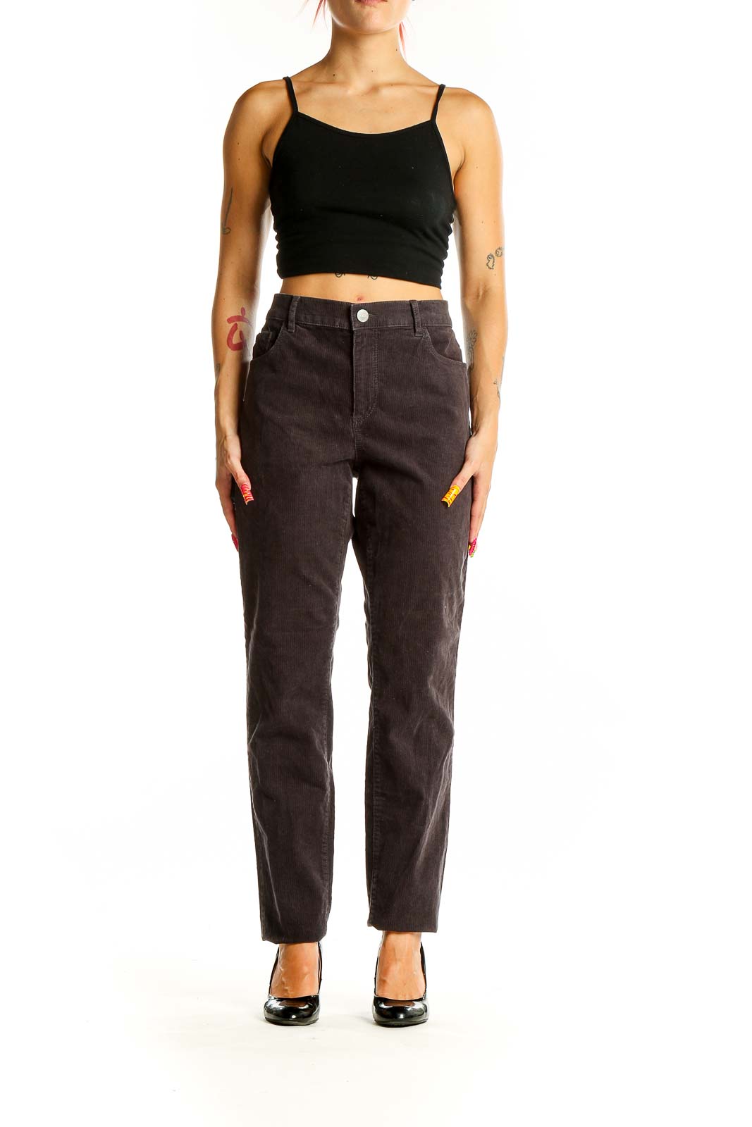 Front view of Ann Taylor LOFT brown corduroy straight-leg pants